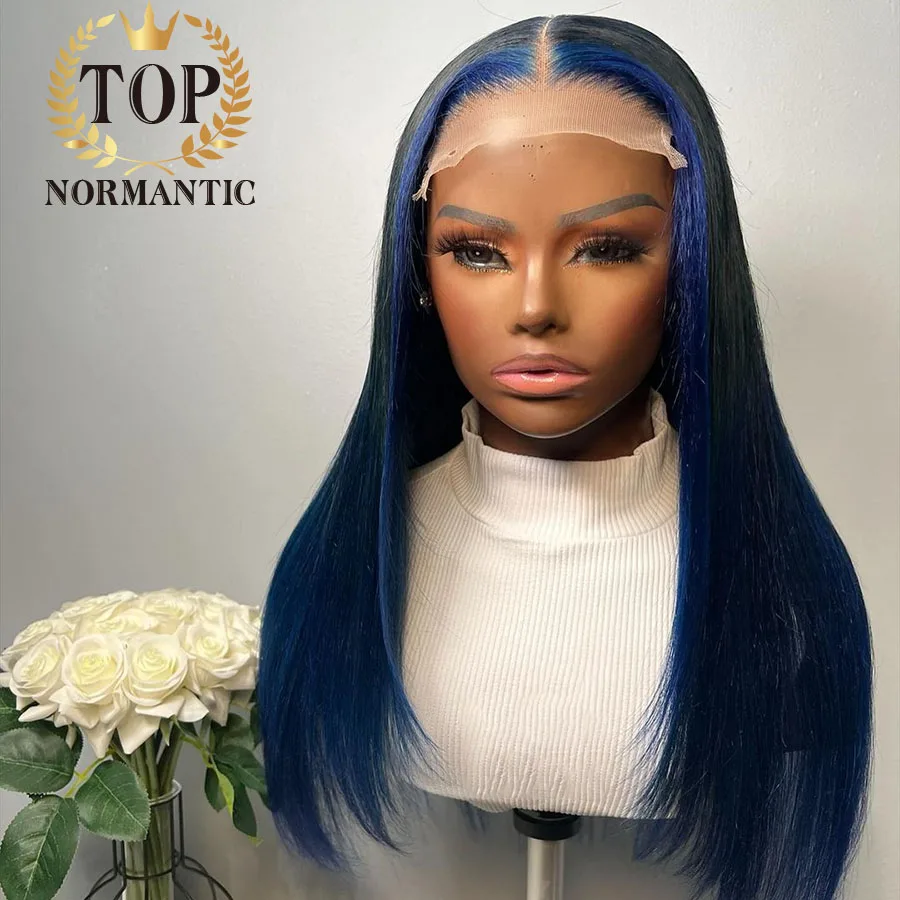 Topnormantic Highlight Dark Blue Color Straight Hair Wig with Baby Hair Brazilian Hair 4x4 Closure Wig for Woman Transparent