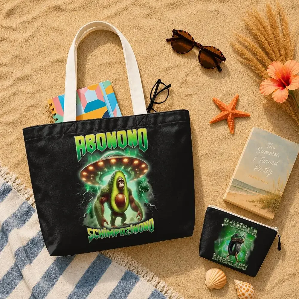 Brain Rot Meme Tralalero Tralala Storage Bags 2-Piece Canvas Tote Bags with Zipper Shoulder Handbags for Daily Shopping Travel