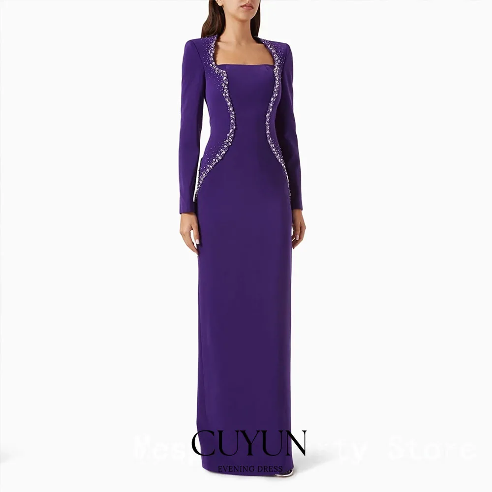 Cuyun luxo roxo vestido de noite para casamento até o chão vestido de baile bainha formal vestido de festa mangas compridas miçangas arábia saudita