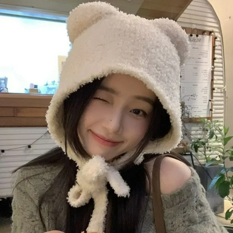 

Korean Fashion Sweet Cute Bear Ear Plush Hats for Women Winter Furry Warm Beanie Hat Outdoor Windproof Ear Protection Bomber Cap