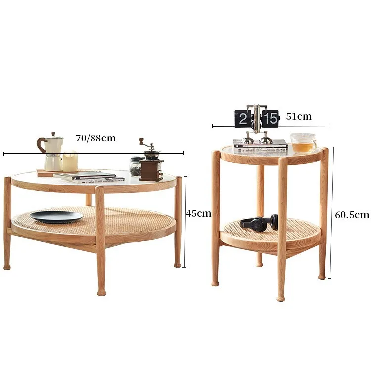 Rattan solid wood coffee table round combination Nordic living room simple glass tea table household small apartment side table