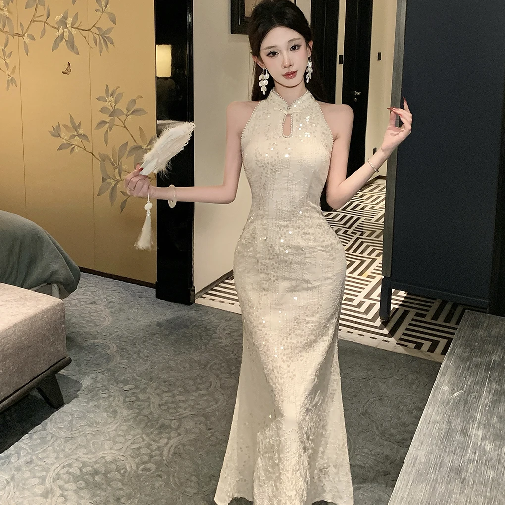 

Elegant High Waist Fish Tail Dress New Chinese Style National Trend Slim Fit Bodycon Hollow out Qipao Dress mid Length Skirt