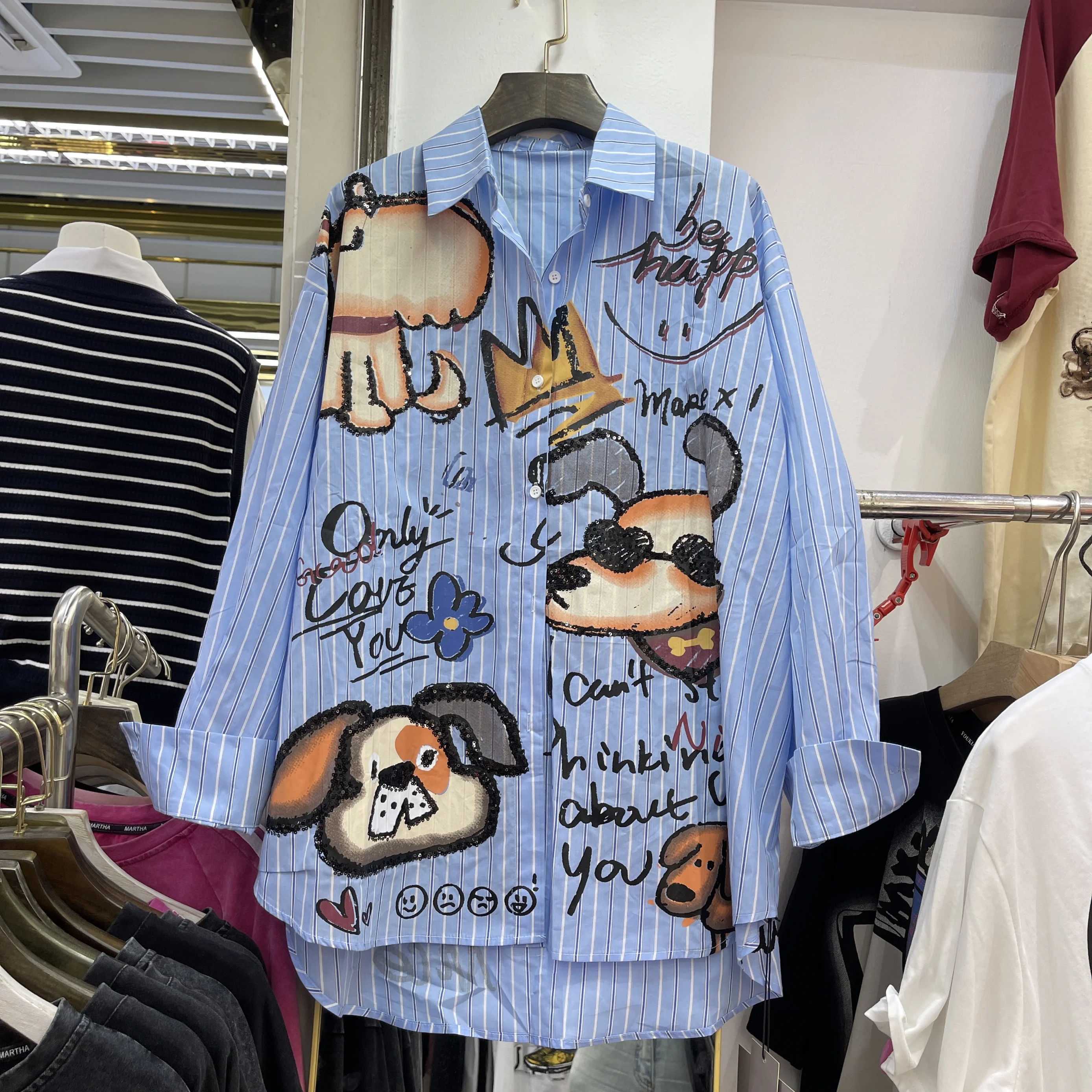 Cute Shirts for Women 2025 Spring New Loose Medium Length Plaid Cartoon Printing Long-sleeved Shirt Womens Tops