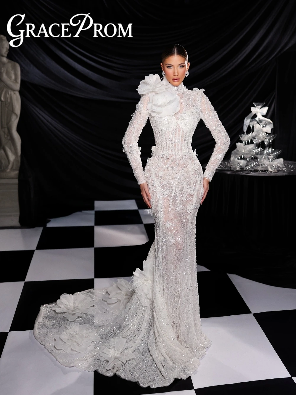 

Open Back Romantic 3D Flowers Mermaid Wedding Dress Sexy Beautiful Pearls Customized Opulent High Neckline Glitter Bridal Gown