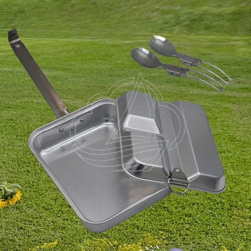 Retro Long Handle Tactical Lunch Box Ultra Light Aluminum Camping Frying Pan for Outdoor Travel