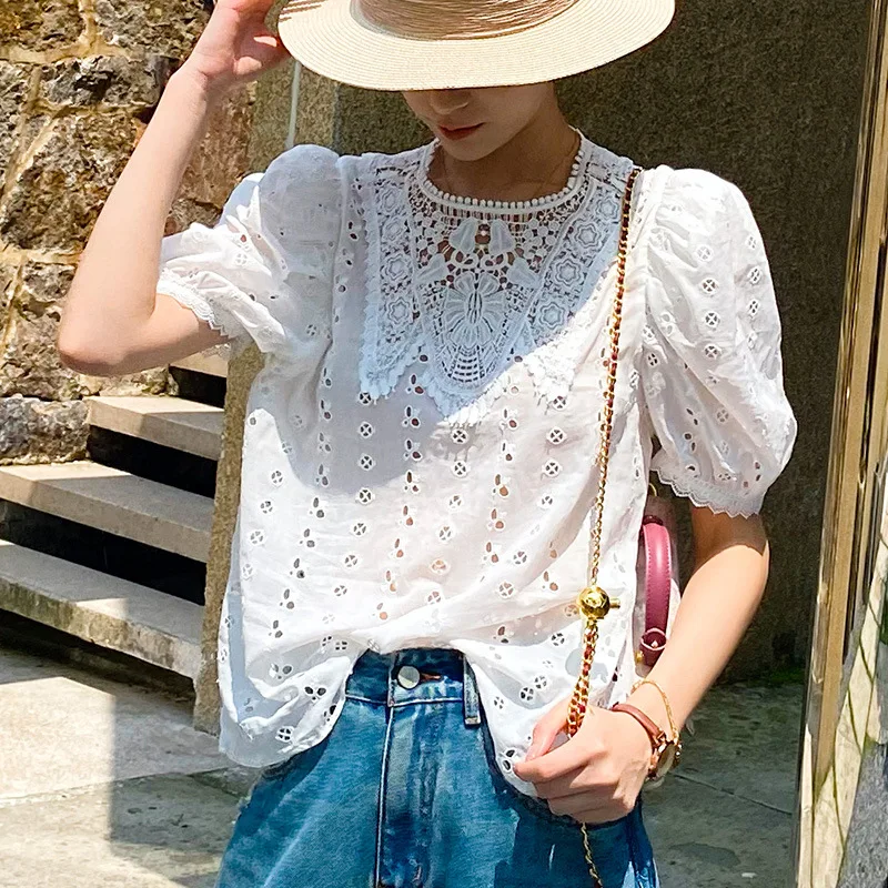 WildPinky New French Style Chic Lace Embroidery Blouse Summer Cotton Short Sleeve Hollow Out Women Sexy Vacation Ladies Tops