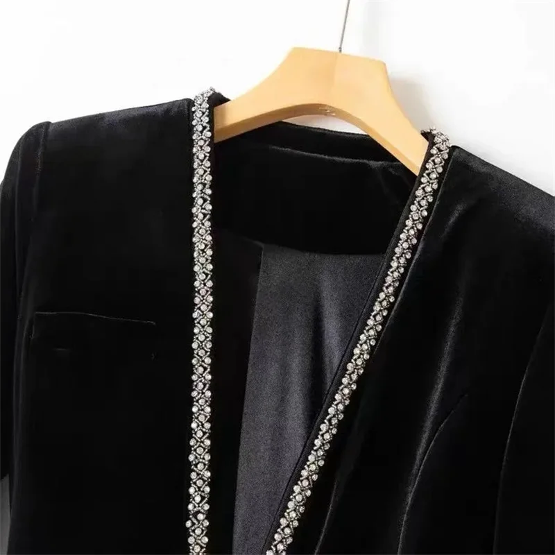 Gold velvet beaded Women Blazer 2024 New Korean Fashion Autumn Long Sleeve Office Work Blazers Lady Jackets Coat Female Tops