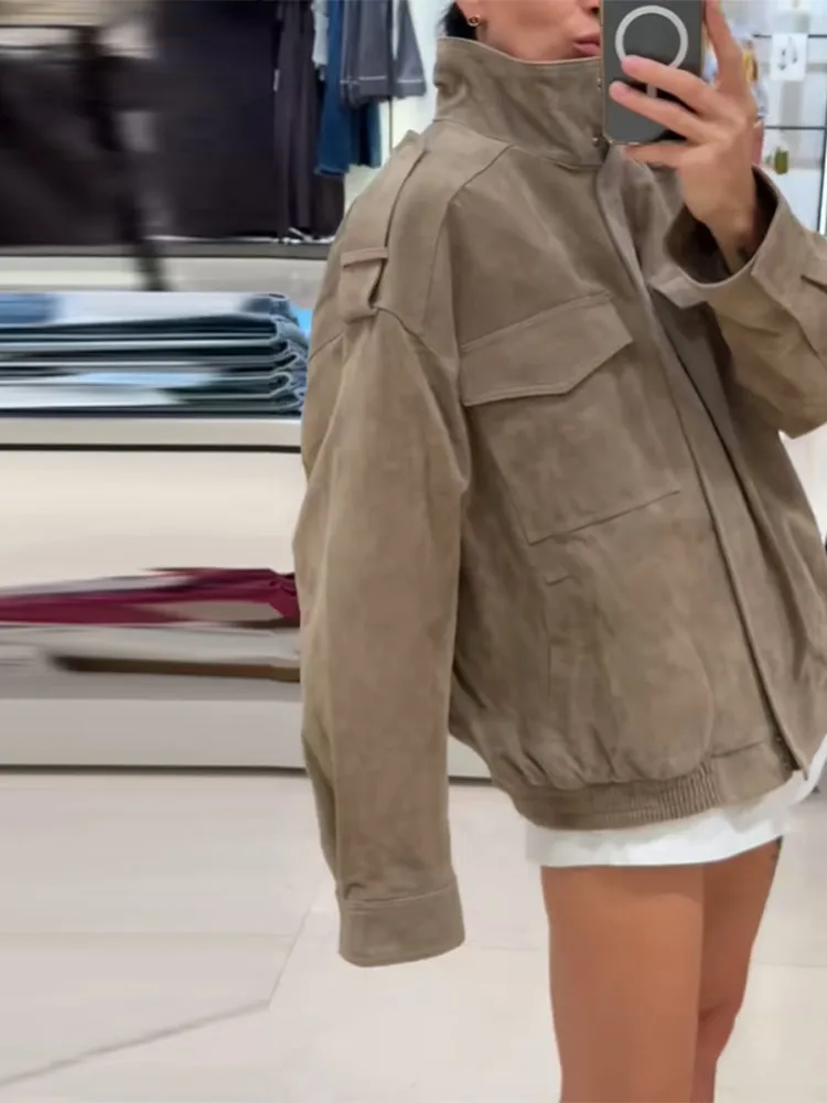 

Осень-зима шикарная куртка из искусственной замши для женщин с воротником-стойкой и длинными рукавами на молнии, верхняя одежда с карманами, новинка 2023 года, женская уличная одежда