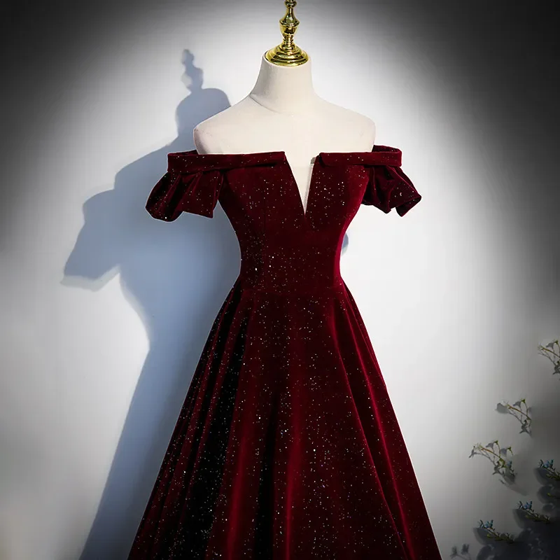 Evening Dress Short Sleeves Sequins Floor-Length Boat Neck Simple Burgundy Lace Up A-Line Velour Party Formal Gown Woman B1903