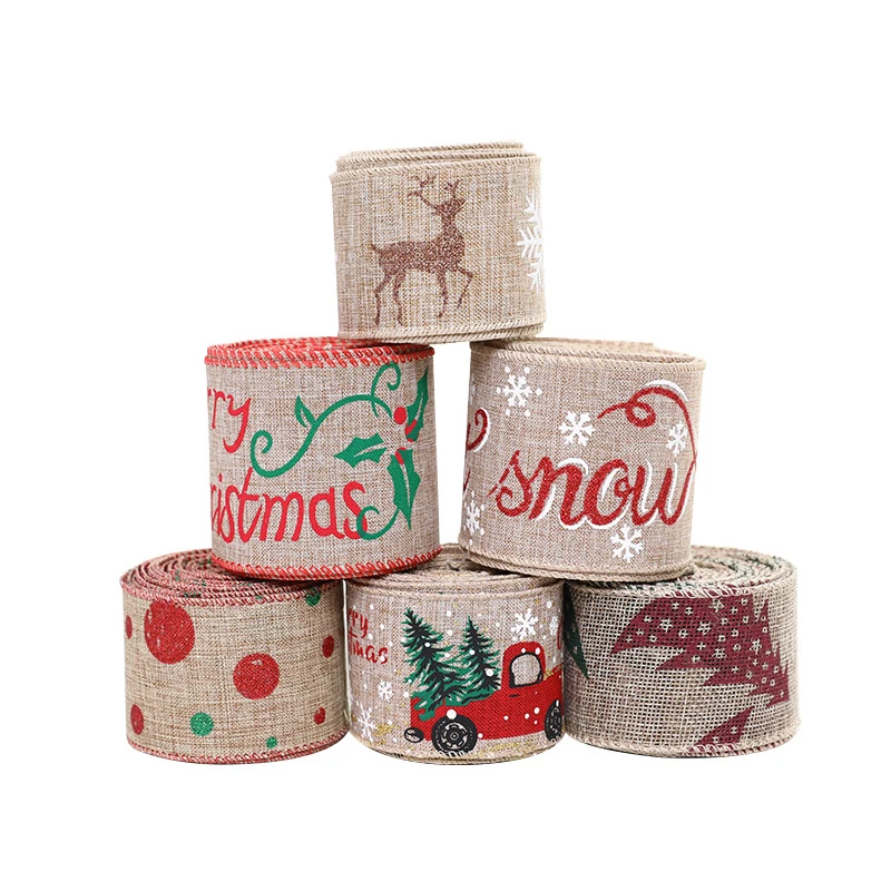 2M Christmas Linen Ribbons Merry Christmas Snowflake Deer Printing Ribbon For DIY Decorations Ornaments Gift Packaging Wrapping