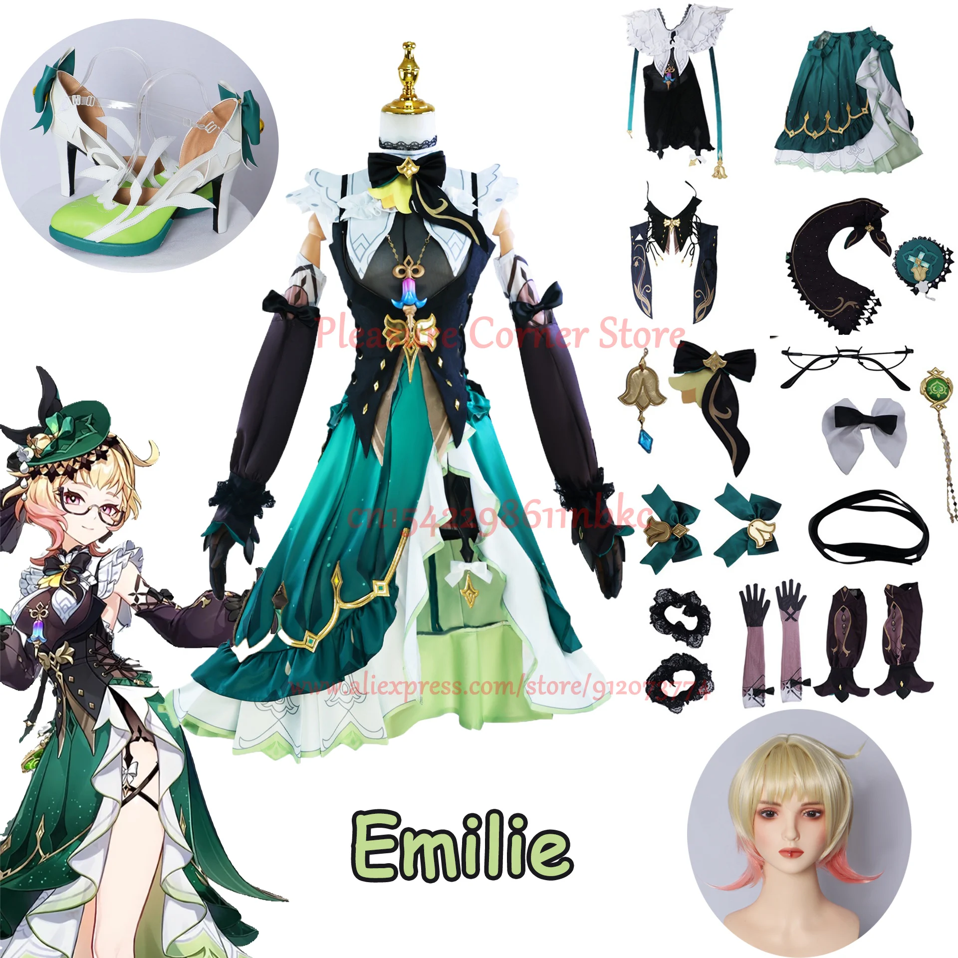 Emilie Cosplay Game Genshinimpact Emilie Cosplay Costume Dress Hat Wig Fountaine Flavorist Anime Role Play Emilie Cosplay Shoes