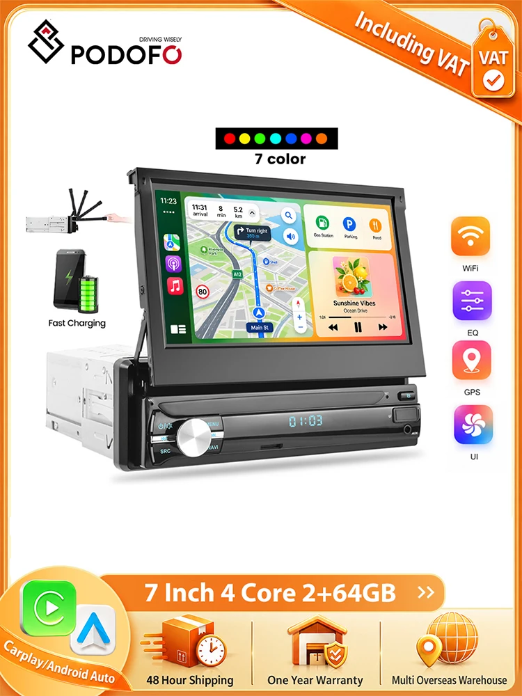 Podofo 7'' Bezprzewodowe Radio Carplay Android Auto do Uniwersalnych Systemów Samochodowych z Nawigacją GPS, BT, FM/RDS, 1din Autoradio Plug&Play, Jednostka Główna SWC, Multimedialne Stereo — 2