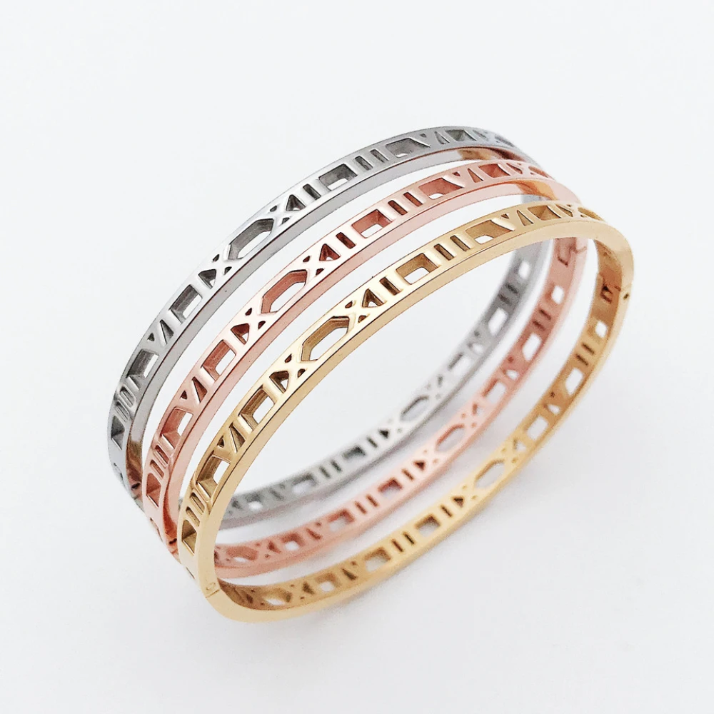 4mm/7mm/12mm Width Hollow Roman Numeral Bracelets Stainless Steel Waterproof Cuff Bangle For Women Men Fashion Jewelry