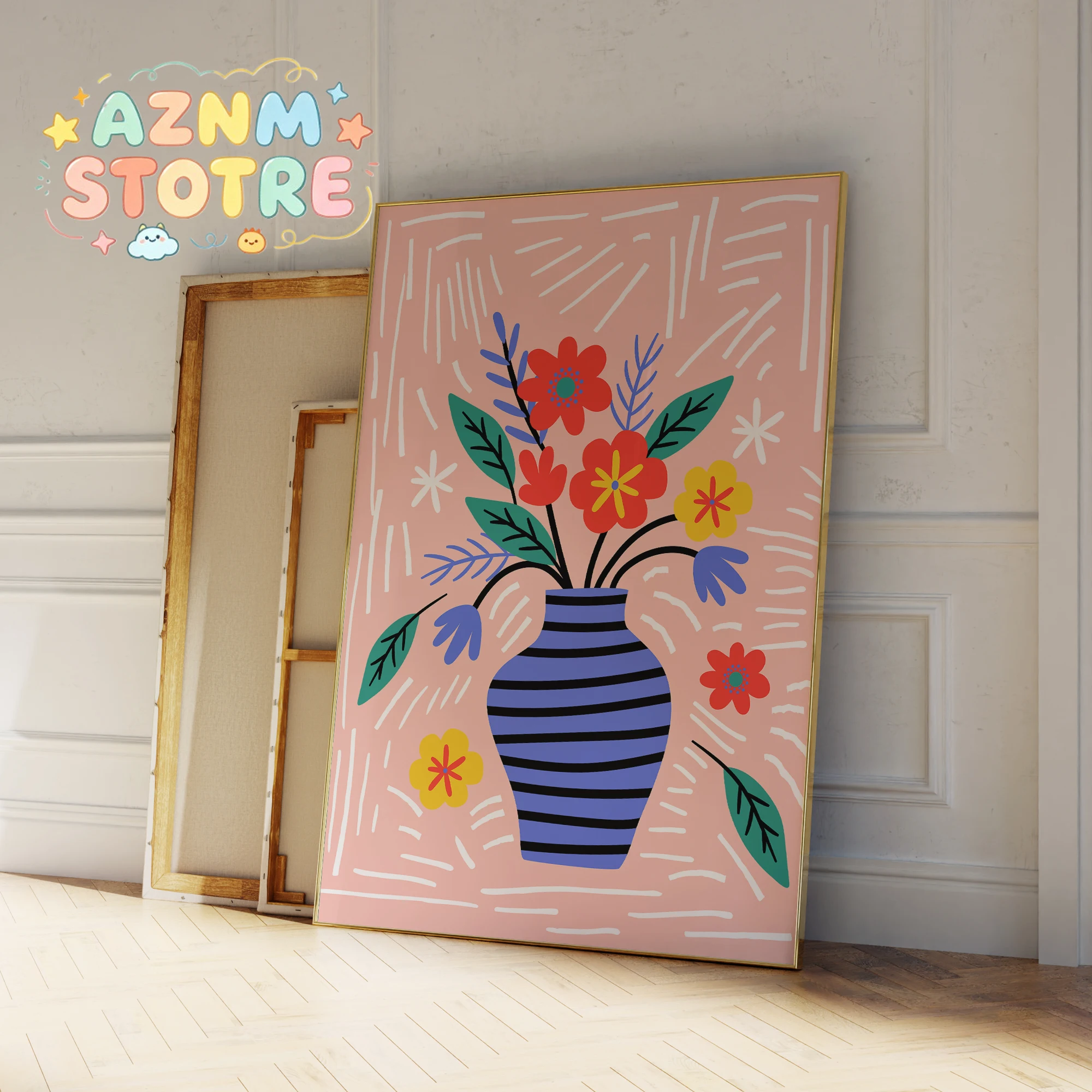 Moderne Wandkunst mit einer Vase mit Blumen auf einem rosa Hintergrund, Kunstdrucke, Leinwandgemälde, Poster, Bild für Wohnzimmer, Heimdekoration.