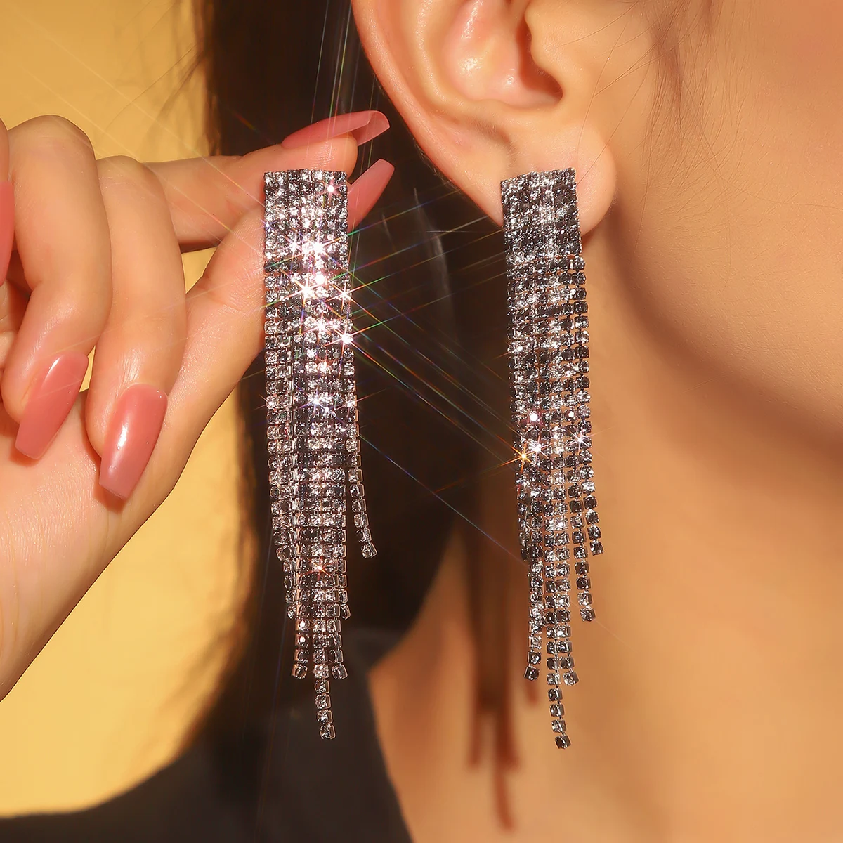 MYYA Rhinestone Sparkling Dangling Earrings Long Tassel Earrings Jewelry For Women Gradient Chandelier Earrings
