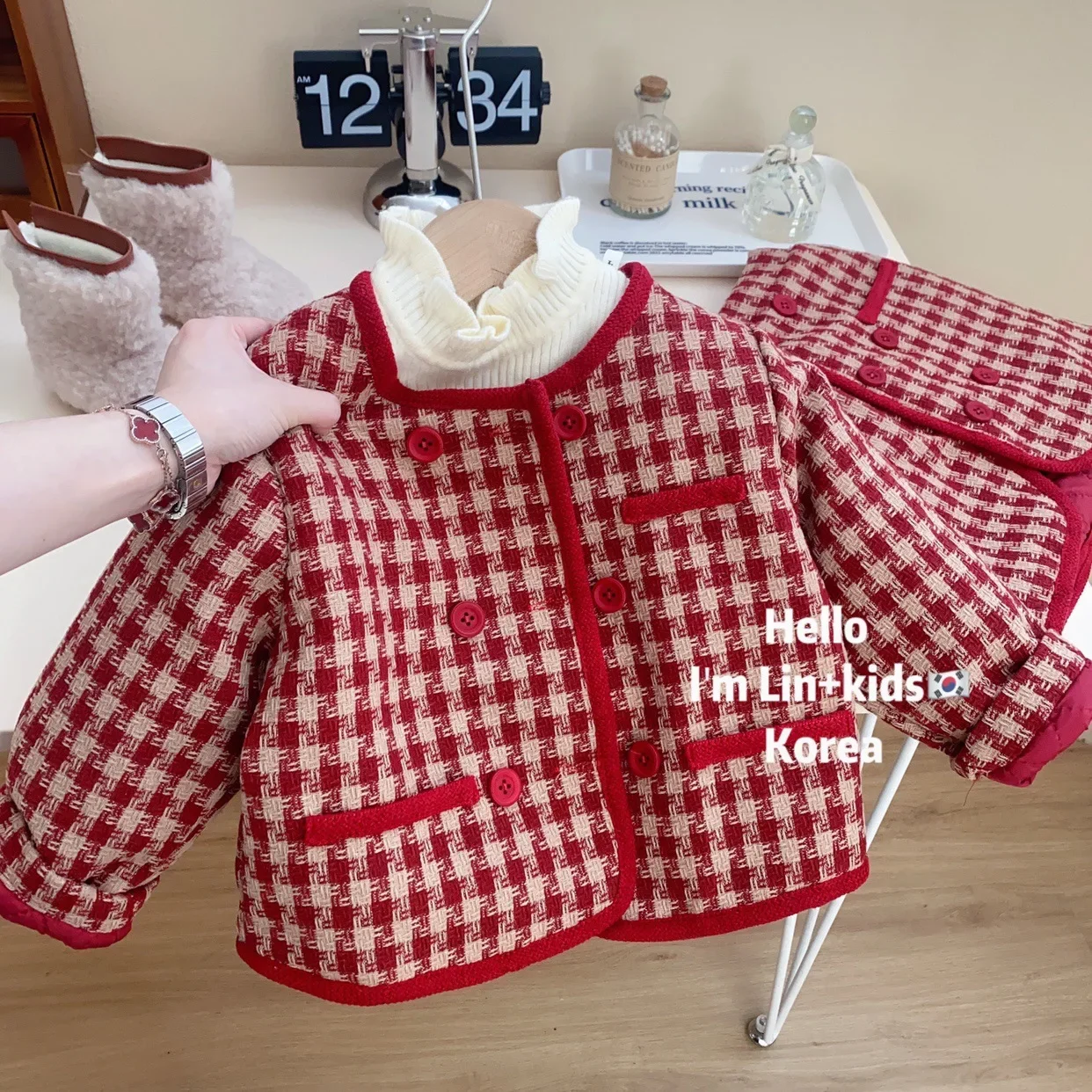 Girl Suits Small Fragrant Wind Double Breasted Temperament Thousand Bird Grid Thick Cotton Warm Two Sets Winter Clothing New