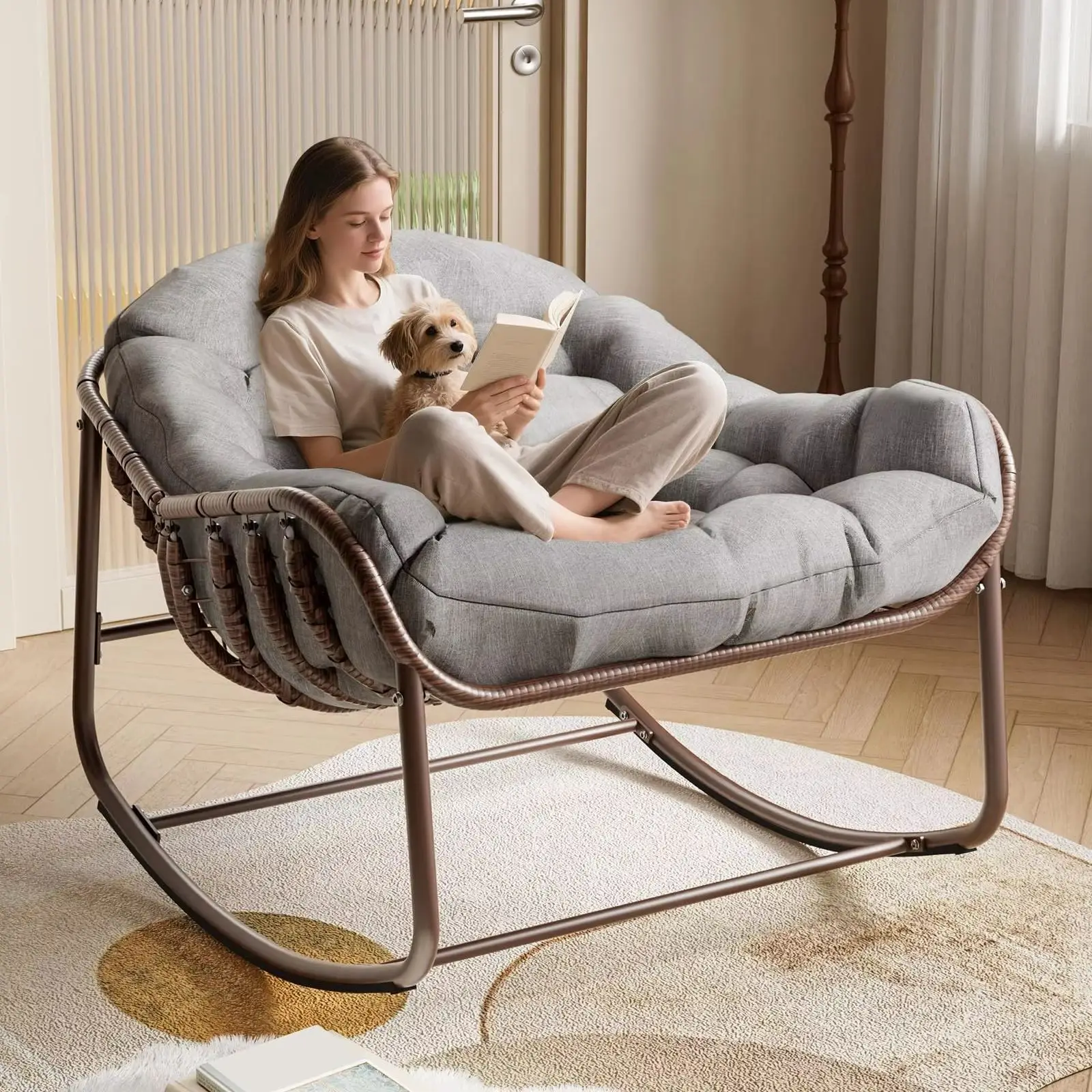 Duże, rozluźniające krzesło bujane, udźwig 130 kg, krzesło bujane z rattanu w stylu papasan, z wyjmowaną, miękką poduszką, metalowa rama, do użytku wewnątrz i na zewnątrz, do ogrodu, salonu, na (B) — Zdjęcie 2 z 2