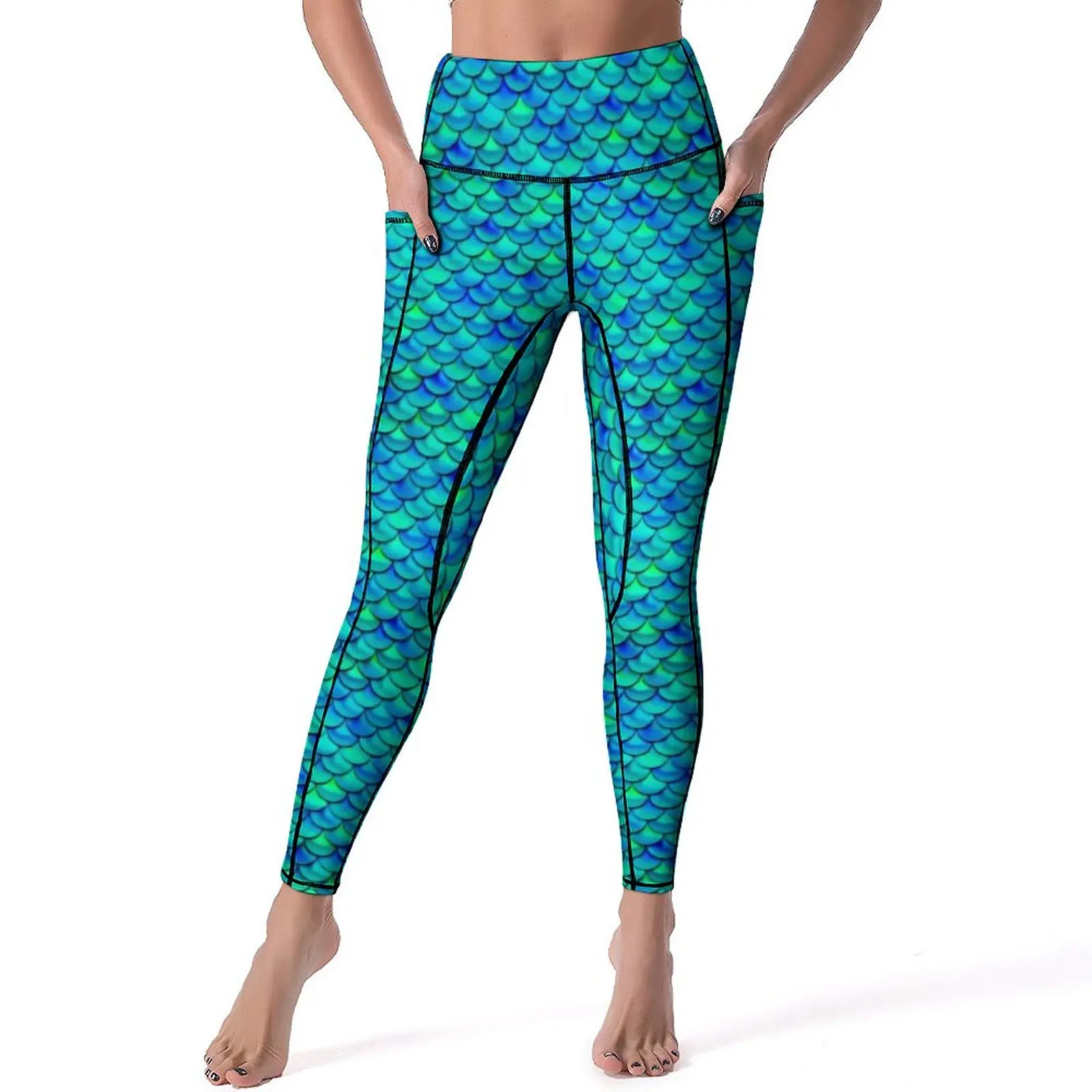 Mallas de sirena de colores, pantalones de Yoga elásticos con bolsillos, Sexy, Aqua Blue Scales, Fitness