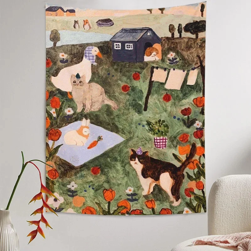VIKAMA Cute Cat Swan Tapestry Floral Meadow Wall Hanging Cottagecore Aesthetic Nature Animal Art Dorm Decor Bedroom Cloth