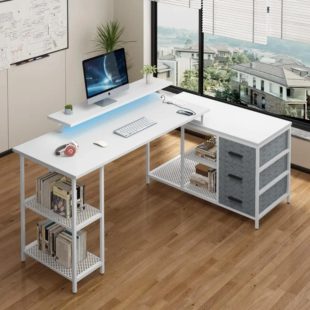 L-shaped Computer Desk with 3 Drawers with Power Socket and Monitor Stand with Storage Shelf with LED Light, White