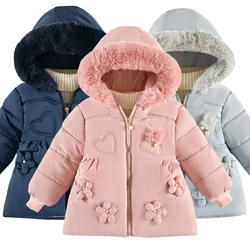 2024 New Flowers Autumn Winter Girls Jacket Fur Collar Keep Warm Hooded Zipper Baby Outerwear Coat for 2 3 4 Years Kids Clothes