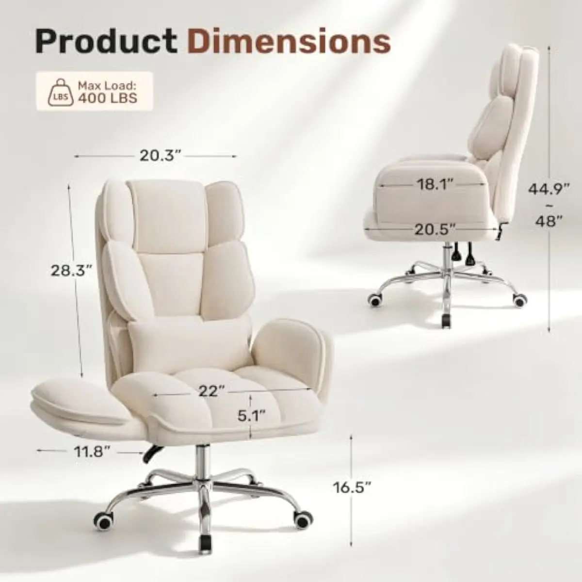 Extra-Wide Ergonomic Office Chair with 150° Recline, Flip-Up Armrests, Side Storage Pockets, Plush Chenille Upholstery, Cloud-Li