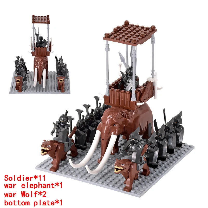 MOC Medieval lotr Figures Orc Soldiers Raider Vargr Wolf Elephant Mount Knights Building Blocks Bricks Toys for children gifts