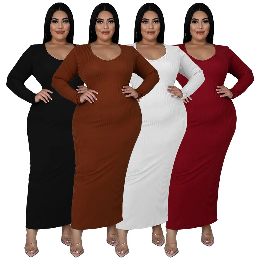 SOMO Elegant Autumn Ribbed Long Sleeve Solid Color Hollow Out Casual Plus Size Women's Knit Maxi Dress Wholesale Dropshipping