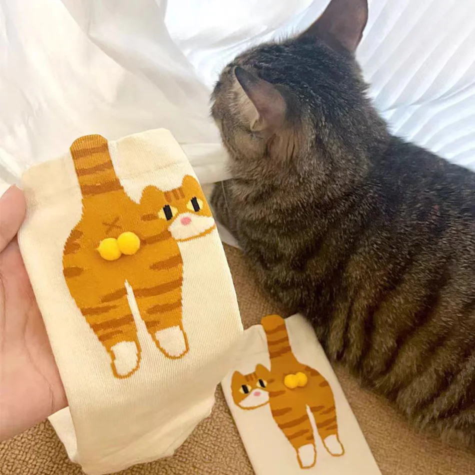 

Socks for Cotton Cute 2025 Gift for cat lovers Women's White Cartoon Cat Ding Bell Ball Funny Sports Mid-tube Socks 36-42