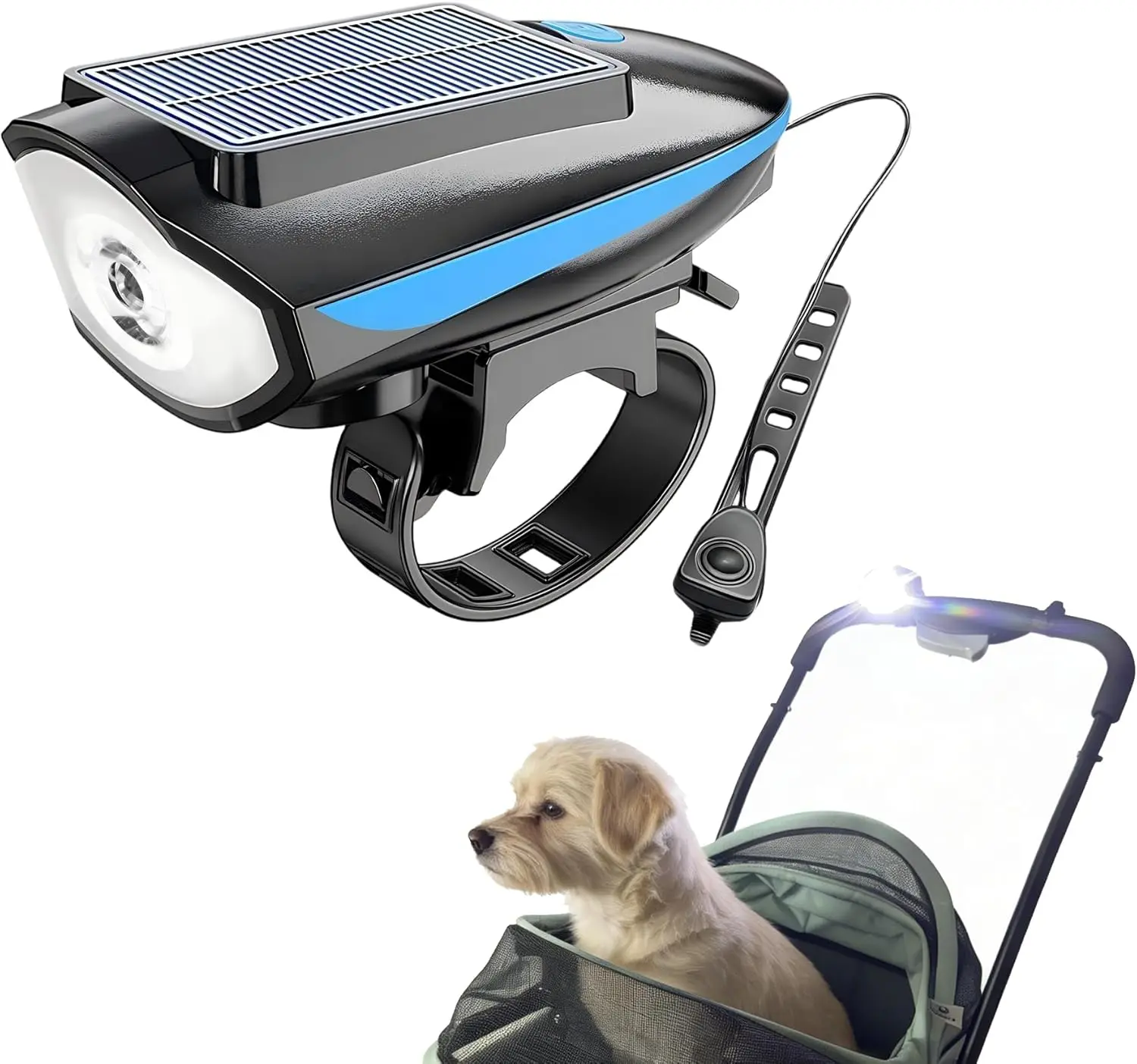 

Lightweight Pet Stroller LED Light Solar 3 Modes Safety Horn USB Recharge IPX4 Waterproof Easy Clip