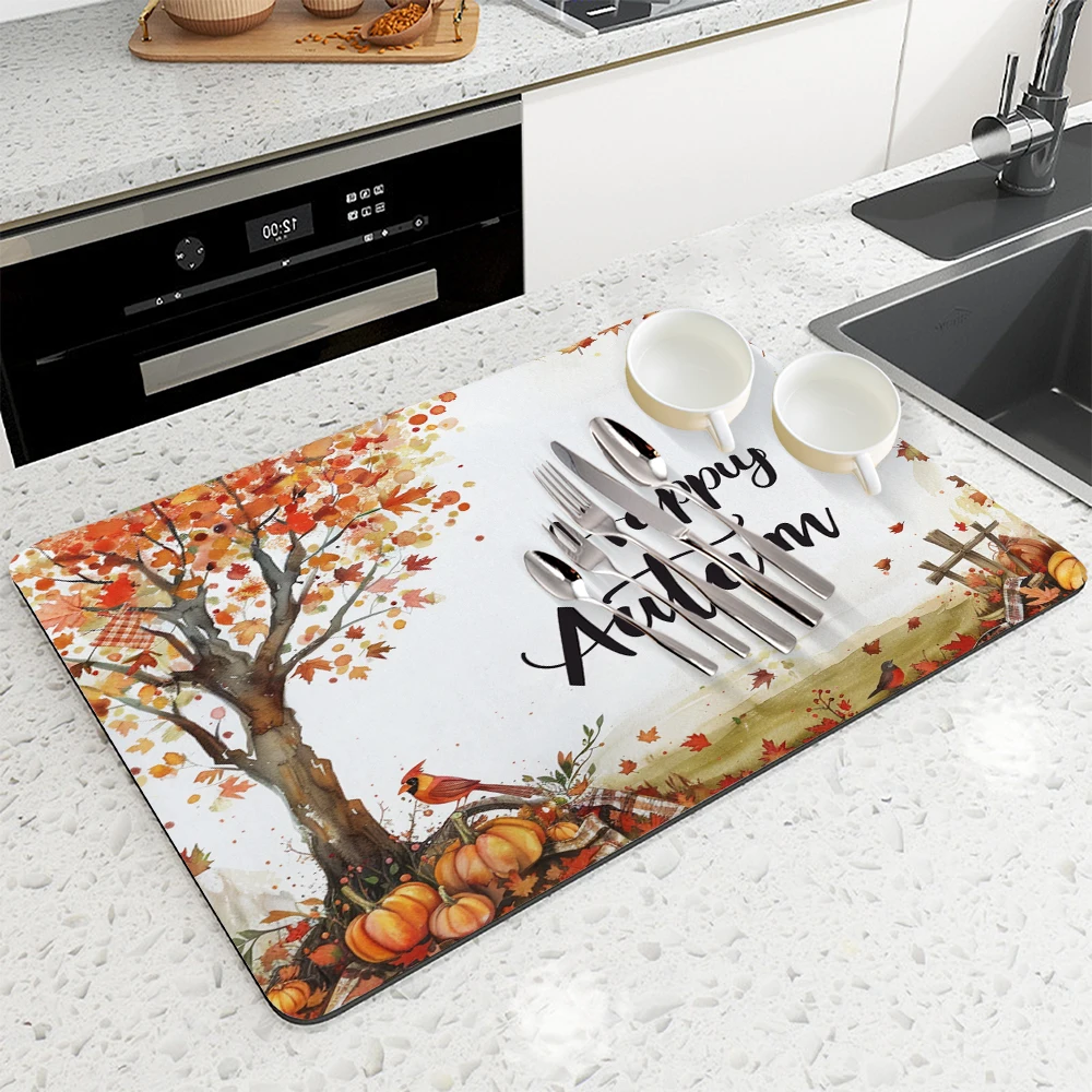 1pc Drying Mat Autumn Bird Branches and Leaves Non-Slip Absorbent Mat Tableware Kitchen Counter Drain Mats Placemats for Table