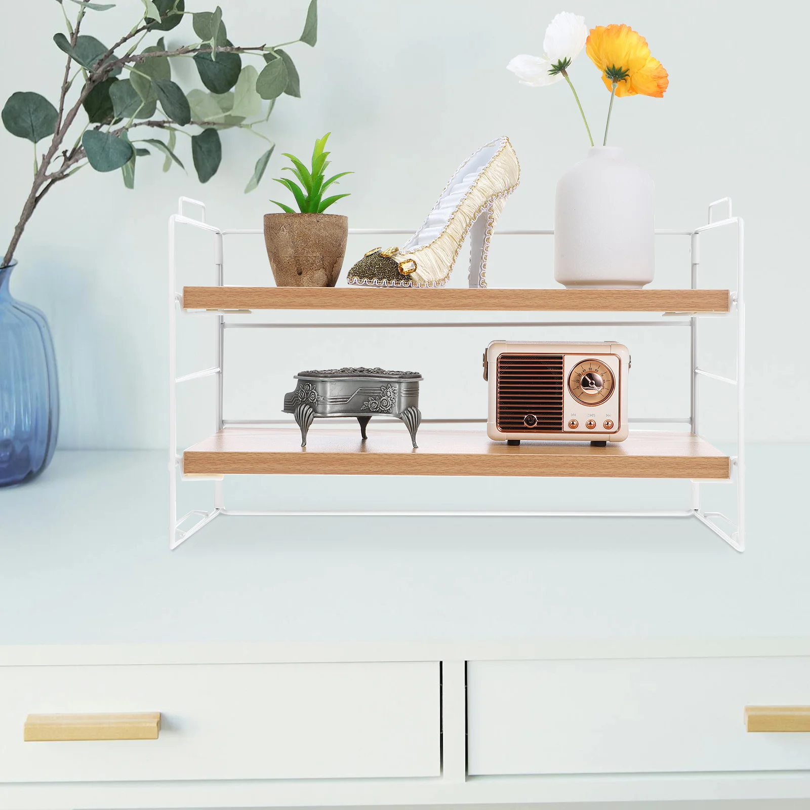 

Dual-Layer Small Bookshelf Desktop Organizer Wood Metal Frame 2-Tier Storage Rack for Office Makeup Vanity Countertop