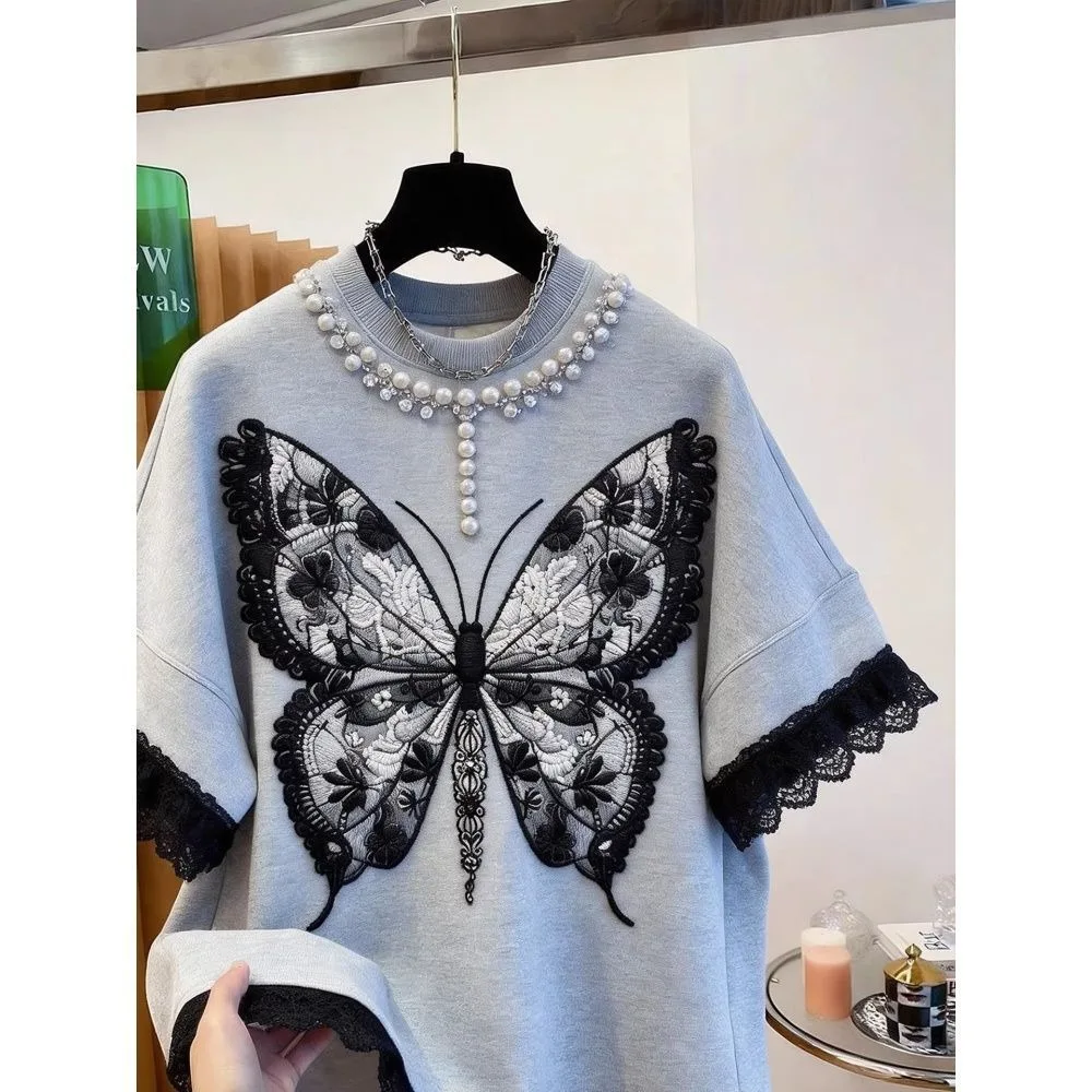 Luxury Beaded Embroidery T-shirt Aesthetic Women Top Harajuku Original Design Top Gray Summer Tshirt Butterfly Tops Clothes