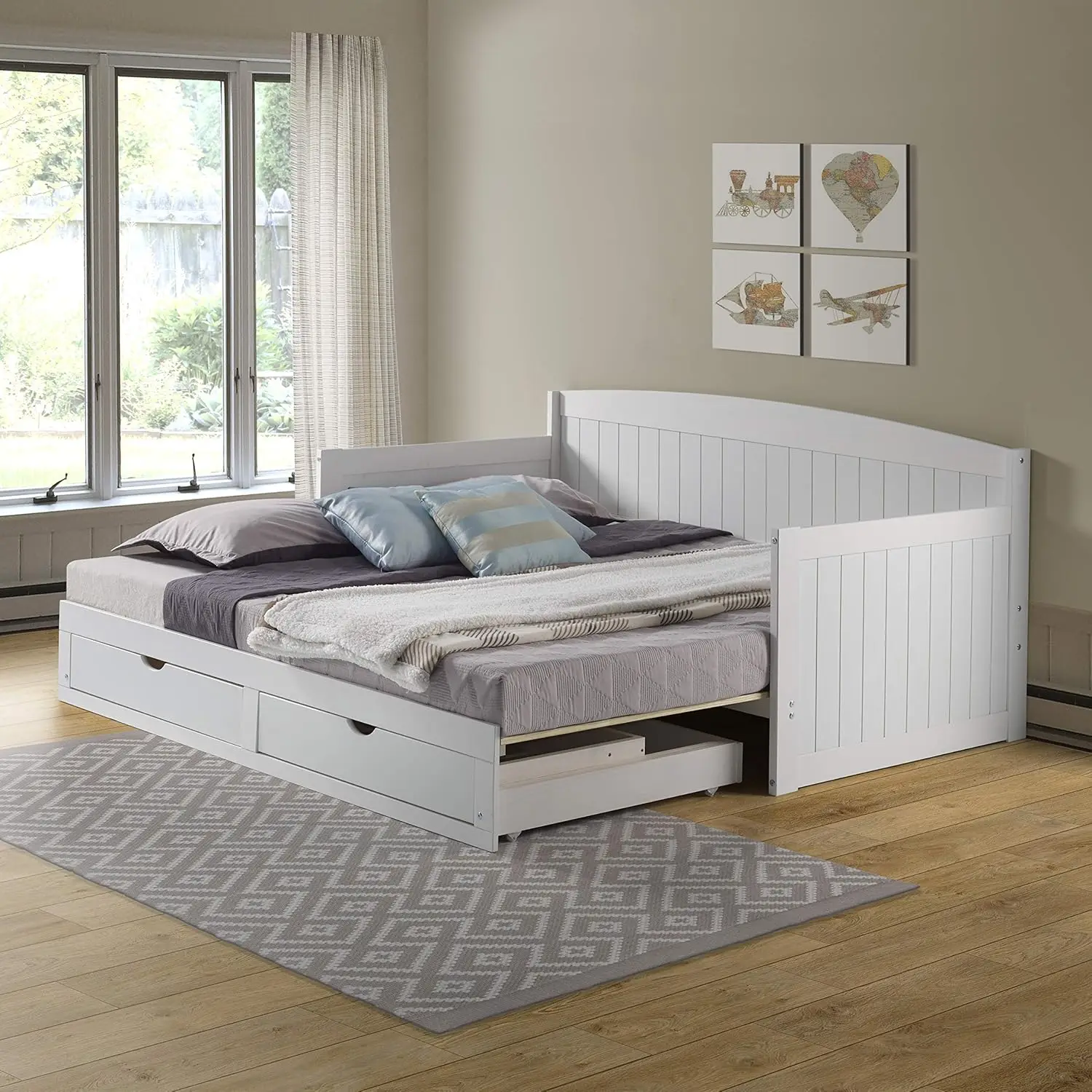 Furniture Harmony Wood Daybed, Single, White Brazilian Pine Trundle Bed for Sleepovers with Kids, 2 Pull-Out Drawers, 440 lbs We