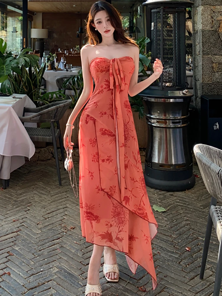 ฤดูร้อนดอกไม้สีแดง Chic Bow หน้าอกห่อชุดยาวเซ็กซี่ผู้หญิงสบายๆชุด 2025 เกาหลี Elegant Bodycon พรหมชุด