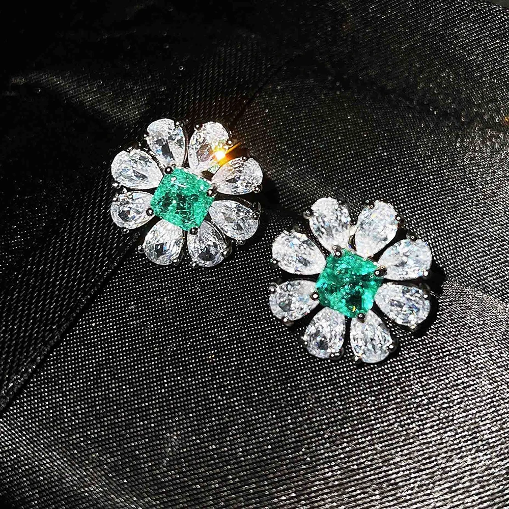 925 Sterling Silver Big Flower Stud Earrings for Women Fashion Paraiba Tourmaline Gemstone Wedding Party Jewelry Gift