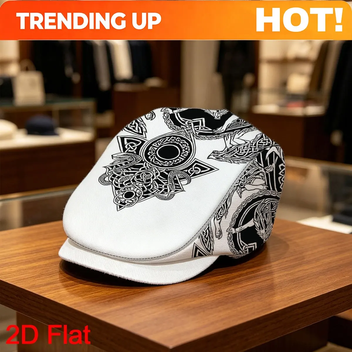 Customization 1pc 2D Flat With Viking Wolf Circle Print Forward Cap Vintage Gentleman's Hat Men Beret Hat Gatsby Cap LIGHTWEIGHT