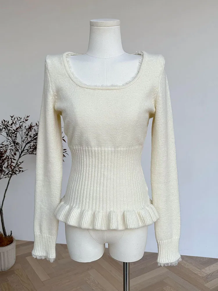 Dolce maglione stile Preppy donna colletto quadrato Pullover lavorato a maglia Beige Mori ragazza moda coreana Casual maglione di pizzo autunno