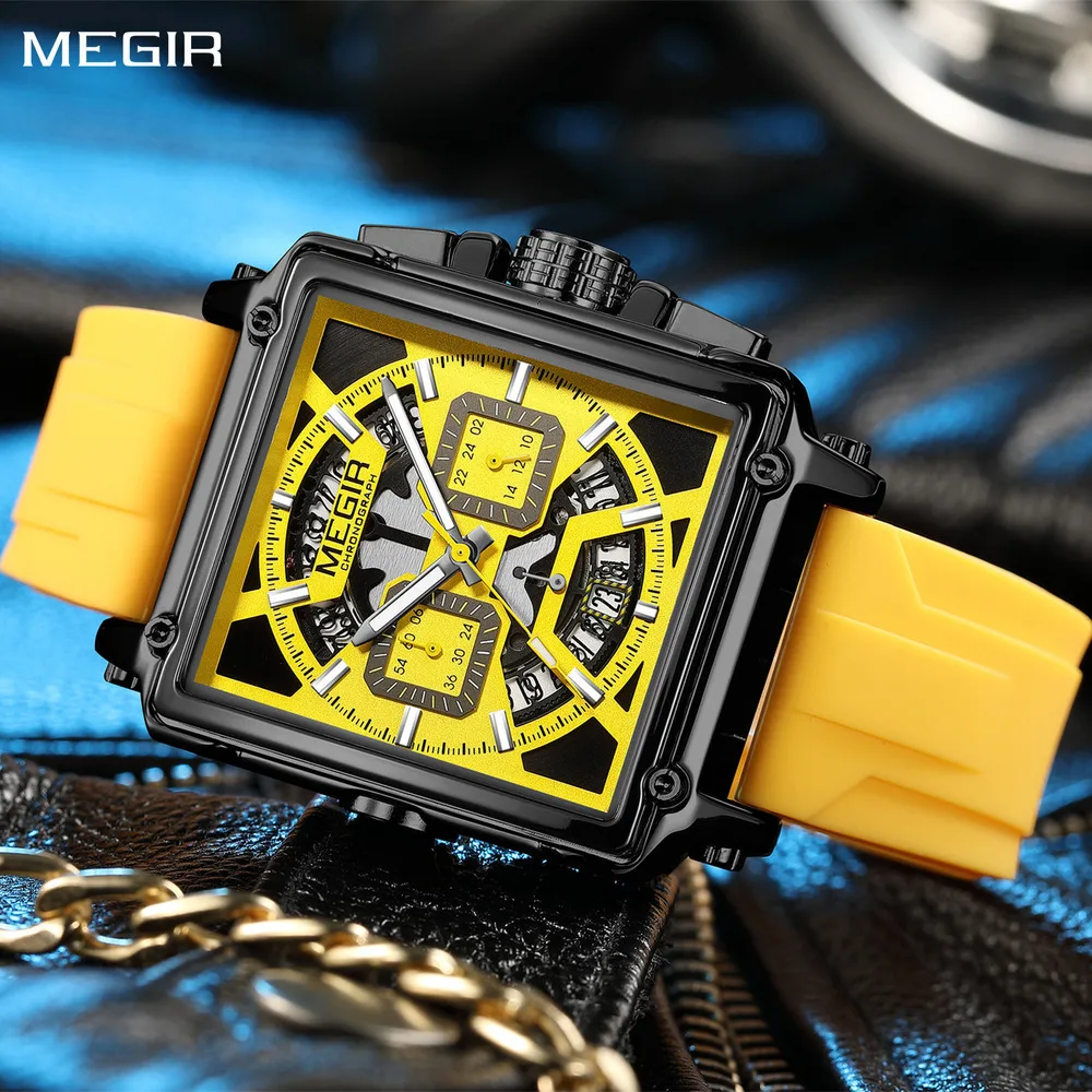 

MEGIR Top Brand Men Watches Fashion Sport Military Chronograph Luminous Square Silicone Band Quartz Wristwatch Relogio Masculino