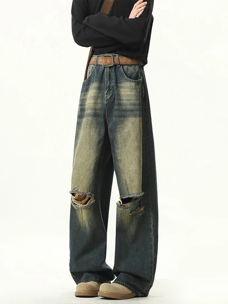 بنطلون جينز فضفاض ممزق واسع الساق من American Sle للرجال بتصميم عصري كاجوال مستقيم من قماش الدنيم الأزرق #5