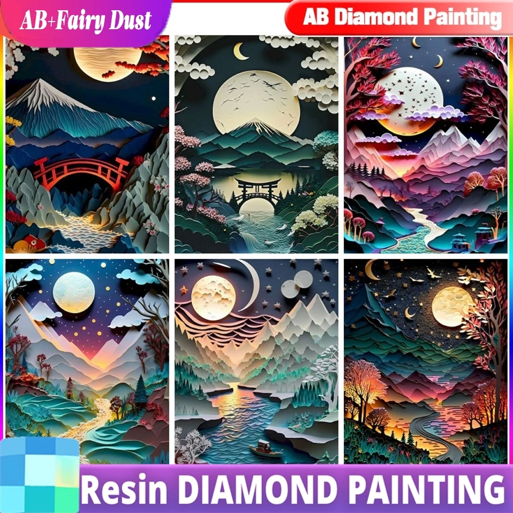 Resin Fairy Dust AB Diamond Painting Moon Tree Cross Stitch Landscape Handmade DIY Full Square/Round Mosaic Home Decor Gift