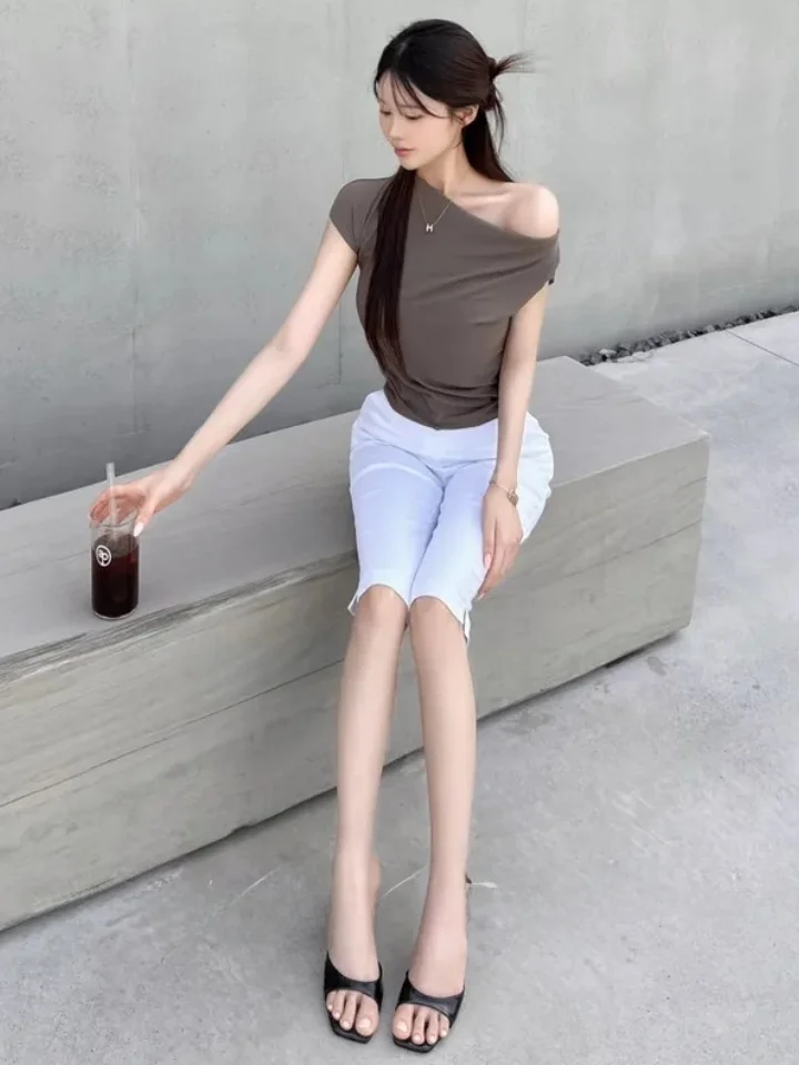 Slimming  Color Elastic Casual Pants Women's Thin Split Seven-Quarter Length Jeans High Waist Cotton Stretch Denim