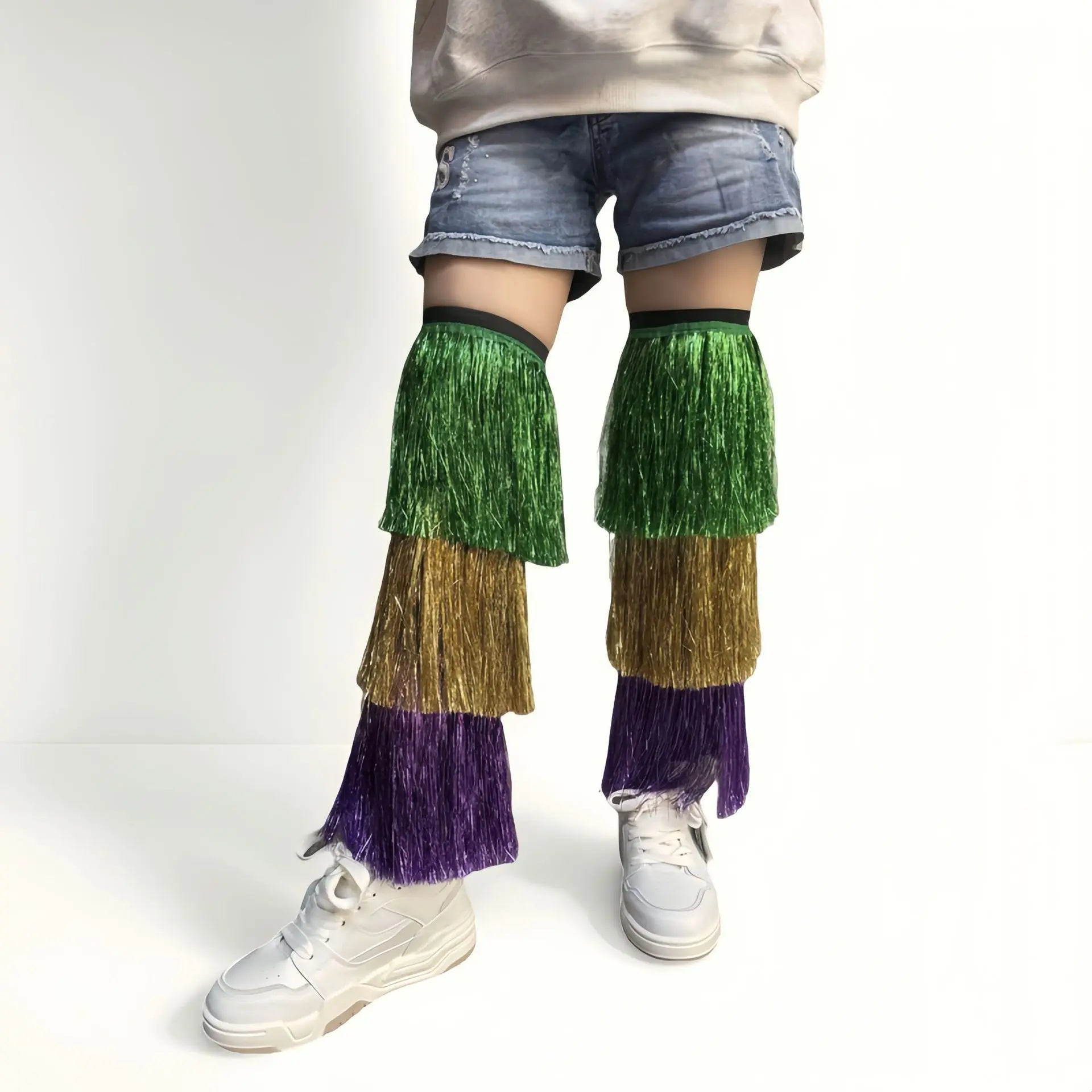 Aquecedores de pernas de carnaval para homens e mulheres, borlas metálicas, mangas de contraste, acessórios de fantasia para festa, clube, palco