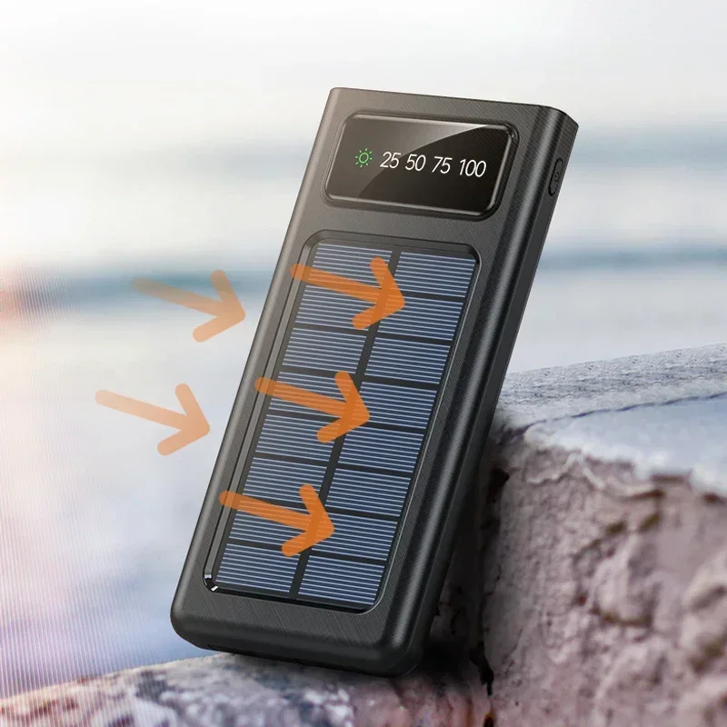 Solar Power Bank 200000mAh Digital Display Solar Battery Large Capacity Fast Charging Built-in Cable Power Bank External Battery image 2