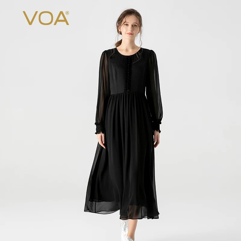 

VOA Double Layer Silk Jacquard Black O-eck Dresses Women Long Sleeve Wooden Ear High Quality Office Ladies Silk Dress New AE1867