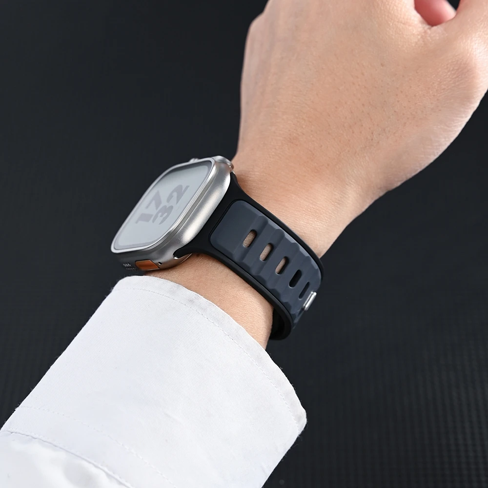 สายซิลิโคนดีไซน์ใหม่สำหรับ Apple Watch Ultra 2 ขนาด 49 มม. Series 10 46 มม. สายรัดข้อมือแบบสปอร์ต iWatch 9 8 7 6 5 SE 42-45 มม. 44 มม.