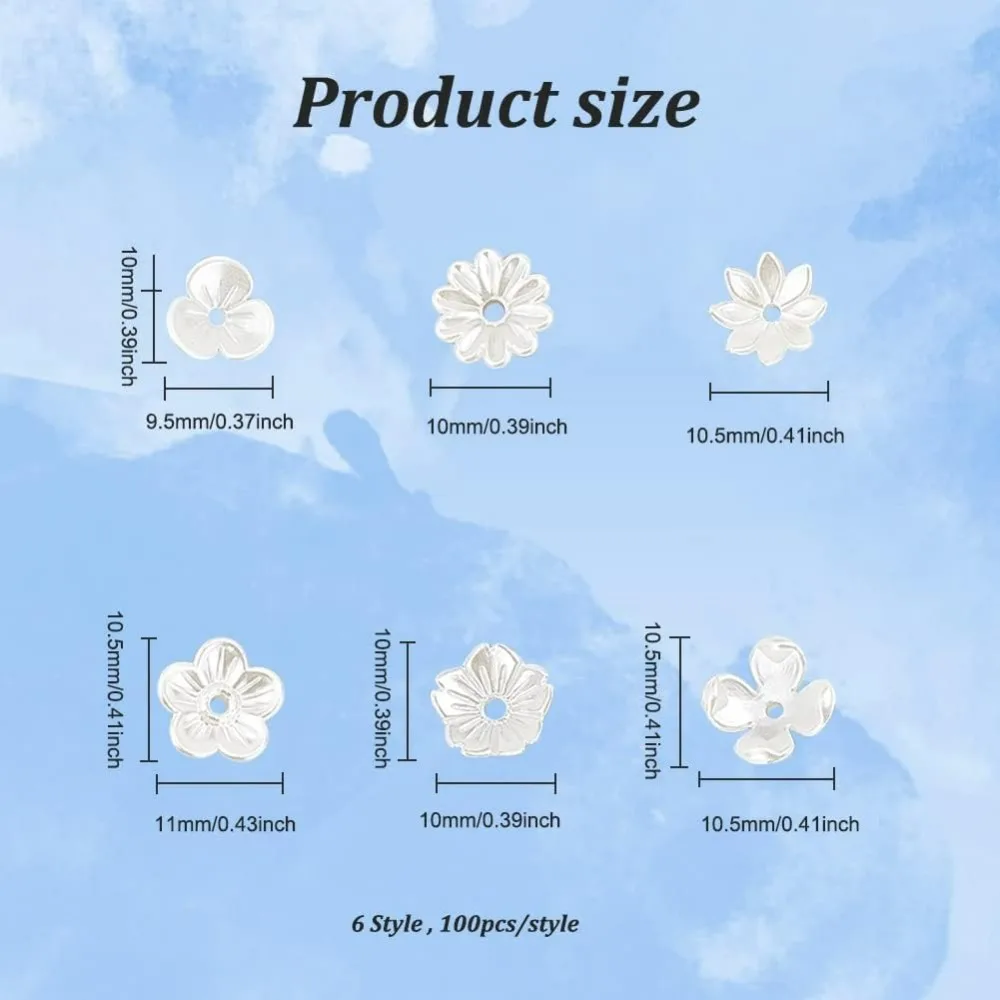 600Pcs 6 Styles Flower Bead Caps Creamy White Spacer Beads Caps Plastic Imitation Pearl End Bead Caps Multi-Petal Flower Spacer