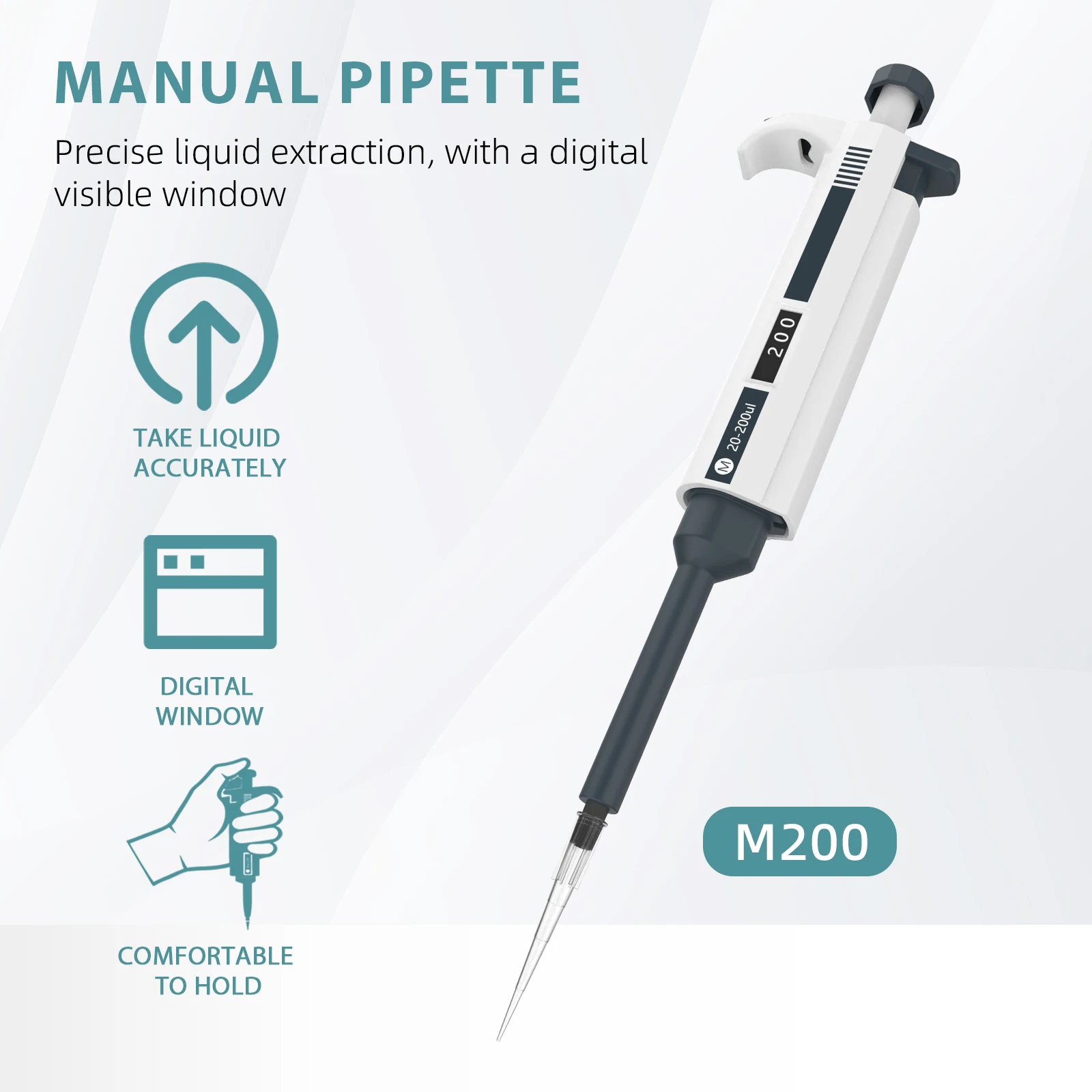 LABHOUSE M200 Manual Micropipette 20-200μL Single Channel High Precision Adjustable Volume Laboratory Pipettor for Liquid Handling