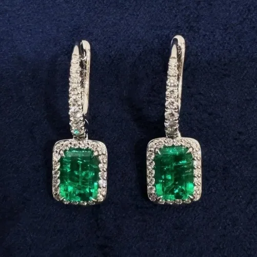 

New S925 silver rectangular 5 * 7mm1ct woodblock color cultivated emerald/spinel temperament earrings wedding jewelry