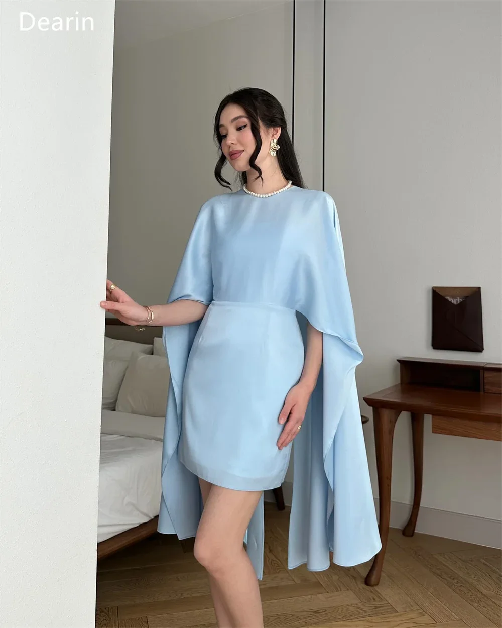 Customized Formal Dress Prom Women Dearin Scoop Neckline A-line Hi-Lo Length Skirts Draped Stole Bespoke Occasion Dresses Evenin